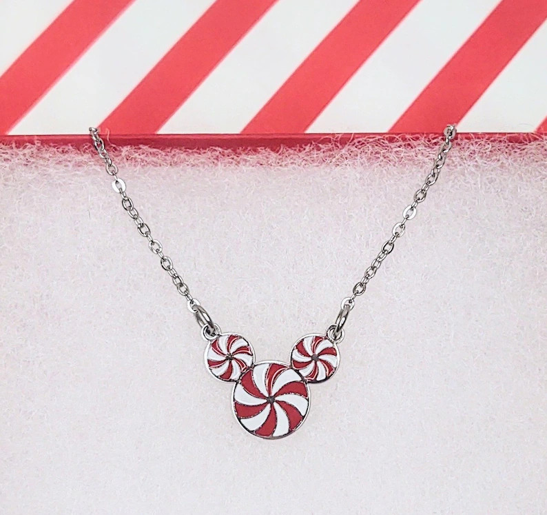 Mickey Mouse Peppermint Swirl Ears Christmas Winter Charm Necklace Layering Dainty Jewelry Stainl... | Etsy (US)