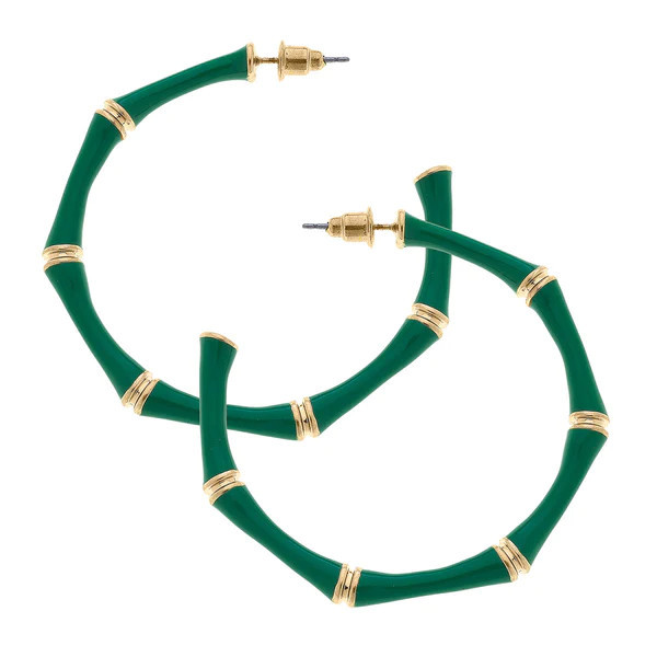 Celeste Enamel Bamboo Hoop Earrings in Green | CANVAS