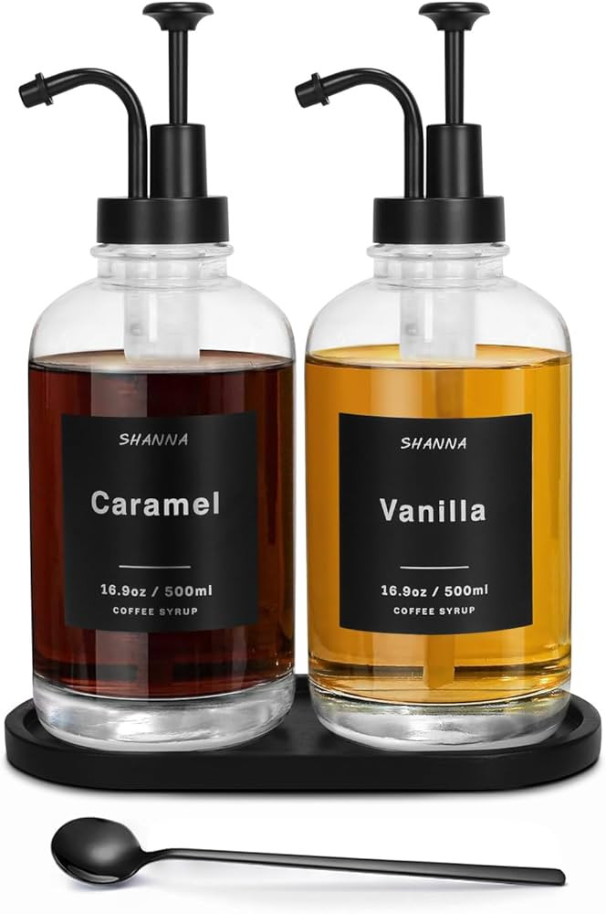 Glass Coffee Dispenser - 16.9oz, Black Scoop, 36 Labels, Bamboo Tray & Pump, 2-Pack | Amazon (US)