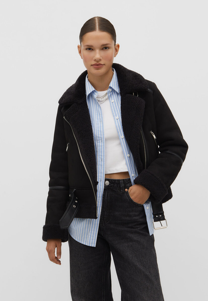 Faux suede faux shearling biker jacket | Stradivarius (UK)