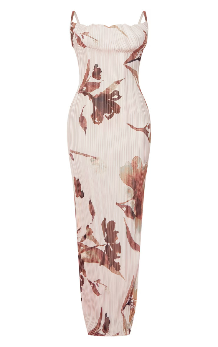 Petite Brown Floral Plisse Cowl Neck Maxi Dress | PrettyLittleThing US