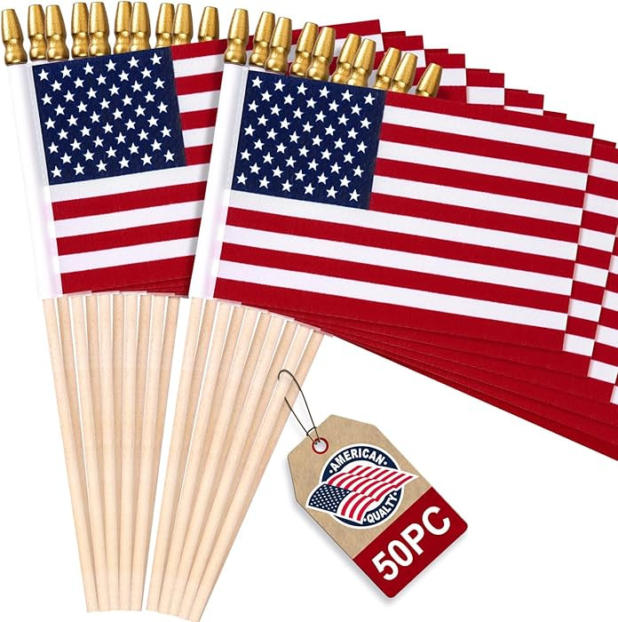 50 Pack Small American Flags on Stick, 4x6 Inch Mini US Hand Held Wooden Stick Flags with Spear T... | Amazon (US)