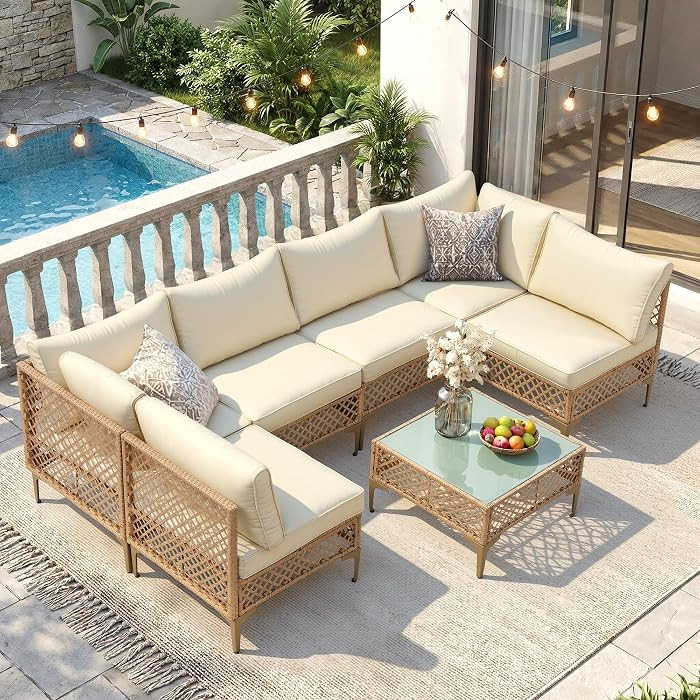 FHFO 7 Piece Patio Furniture Set, Outdoor Wicker Modular Sectional Patio Conversation Set with Th... | Amazon (US)