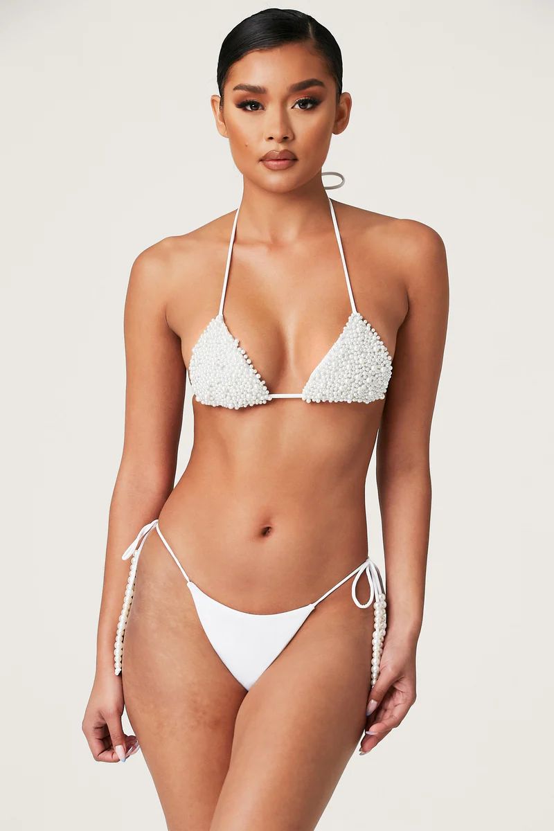 Arabella Pearl Tie Up Bikini Bottom - White | MESHKI US
