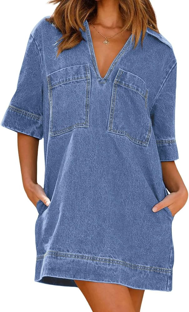CHARTOU Women Loose Denim Dress Short Sleeve Casual Summer Dress Turn Down Pullover Vintage Tunic... | Amazon (US)
