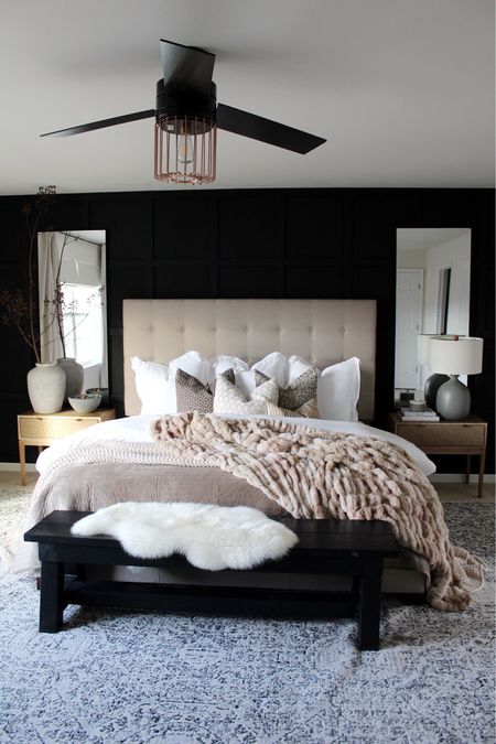 Moody bedroom decor, affordable bed, bedding, Amazon home, large mirror, rug, lamp, ceiling fan 

#LTKsalealert #LTKhome #LTKstyletip