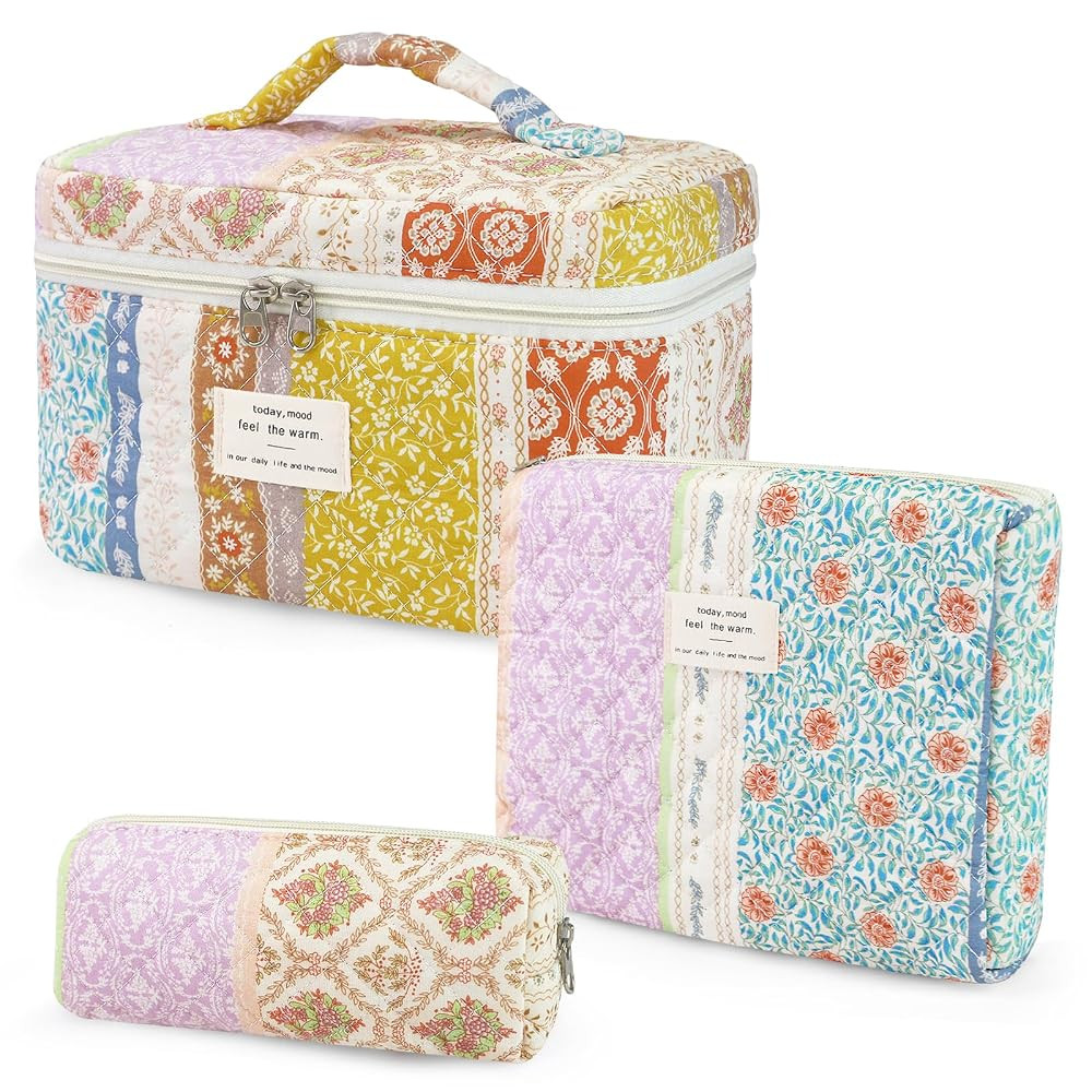 3Pcs Cotton Quilted Makeup Bag for Women Girls, Large Floral Cosmetic Bag Set Cute Makeup Brushes... | Amazon (US)