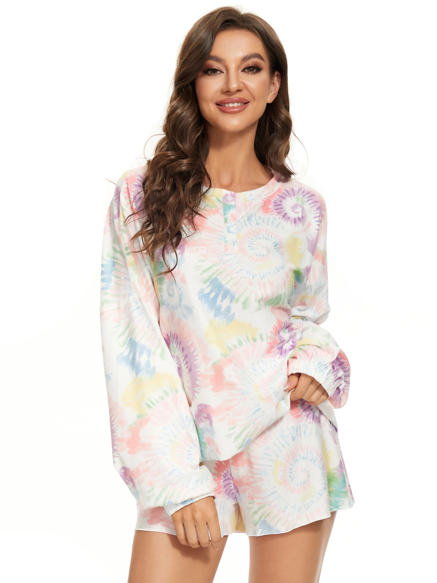Ever-Pretty Women's Tie Dye Printed Button Down Long Sleeve 2 Piece Short Activewear Lounge Set N... | Walmart (US)