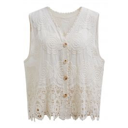 Artistry Floral Embroidered Crochet Vest in Sand | Chicwish