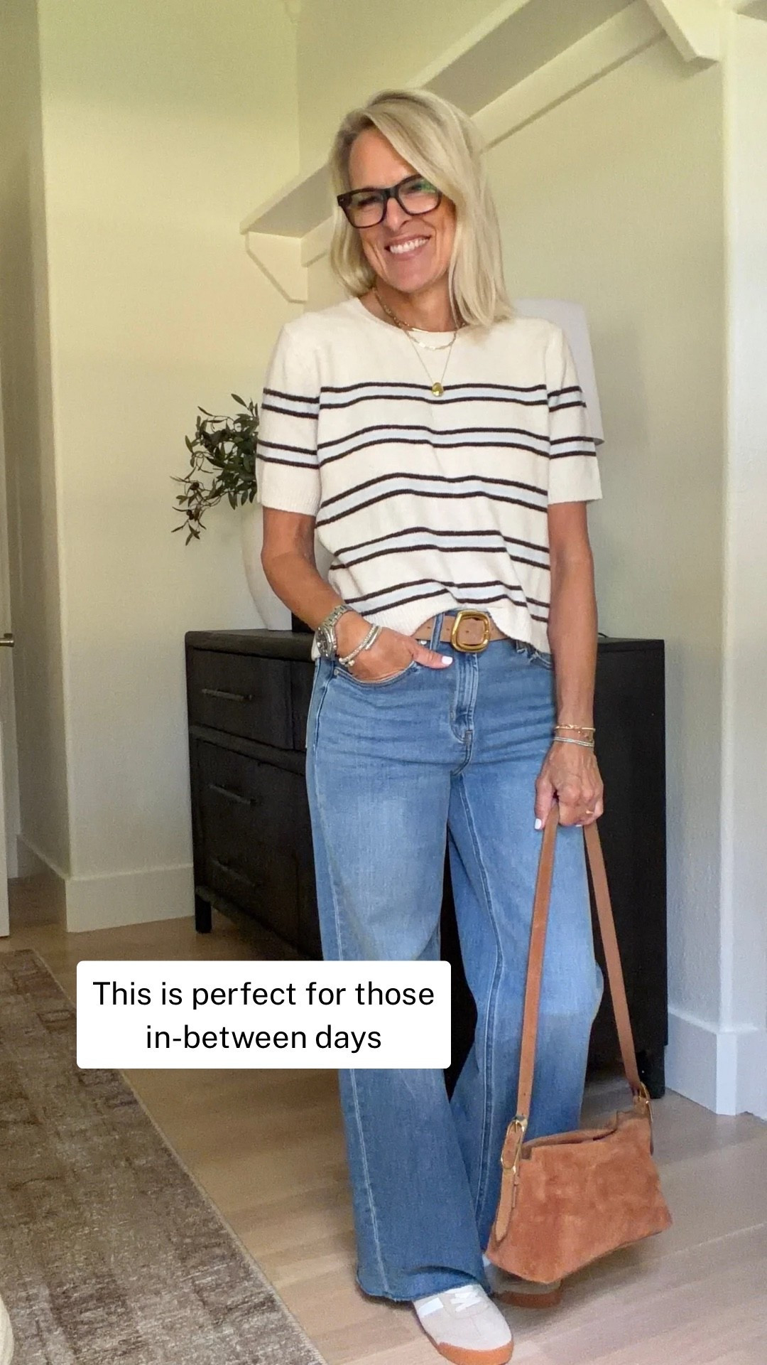 One of those outfits that just works. This striped sweater tee and wide-leg jeans are such an easy combination for lunch, errands, or everyday plans.

I love that the sweater tee is lightweight enough for those in-between days and easy to layer when the weather cools down. Add loafers, sneakers, or sandals depending on the season, and you have a simple outfit that feels polished without trying too hard.

#LTKootd #LTKOver40 #LTKSeasonal