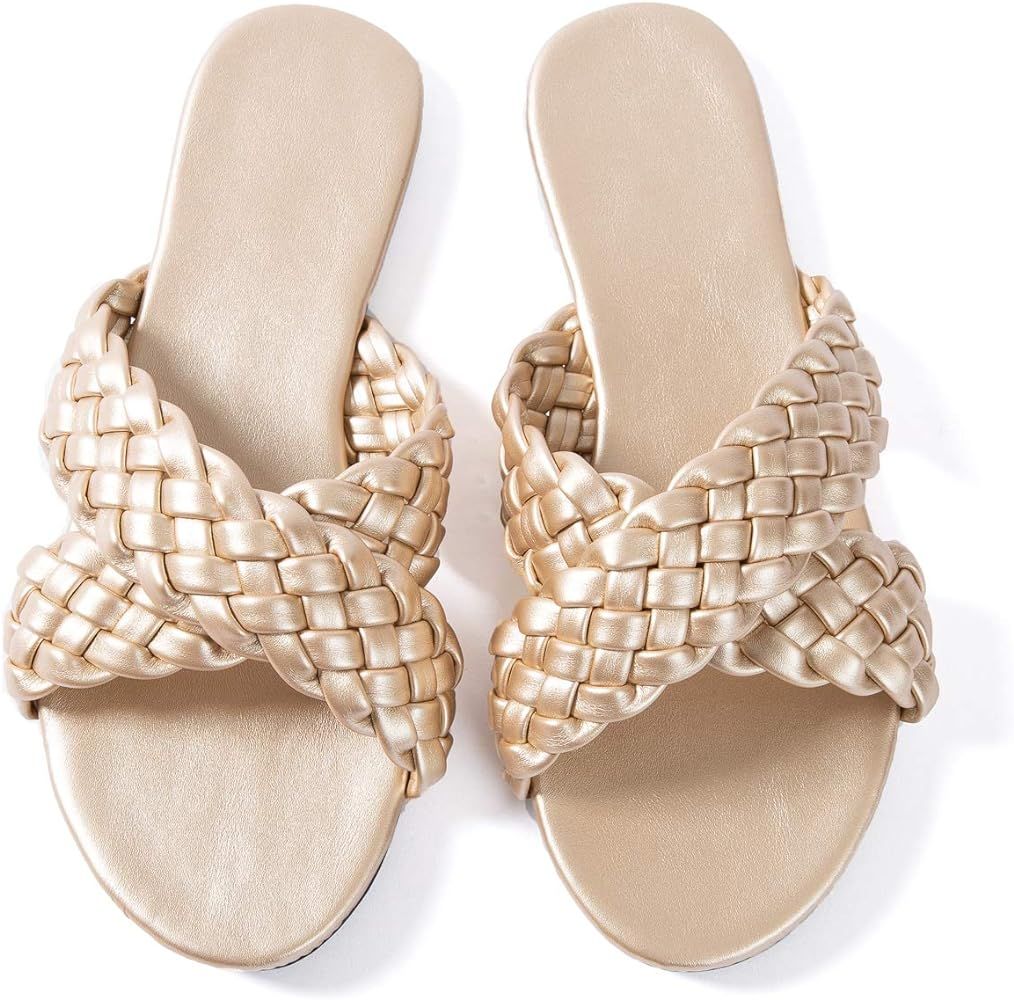 Amazon.com | Women Flip Flops Leather Woven Braided Crossover Summer Flat Sandals White 7 | Flats | Amazon (US)