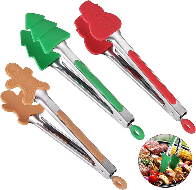 3-Piece Christmas Silicone Mini Tongs Set, 7-Inch Small Style Tongs for Cooking, Kids' Festival S... | Amazon (US)