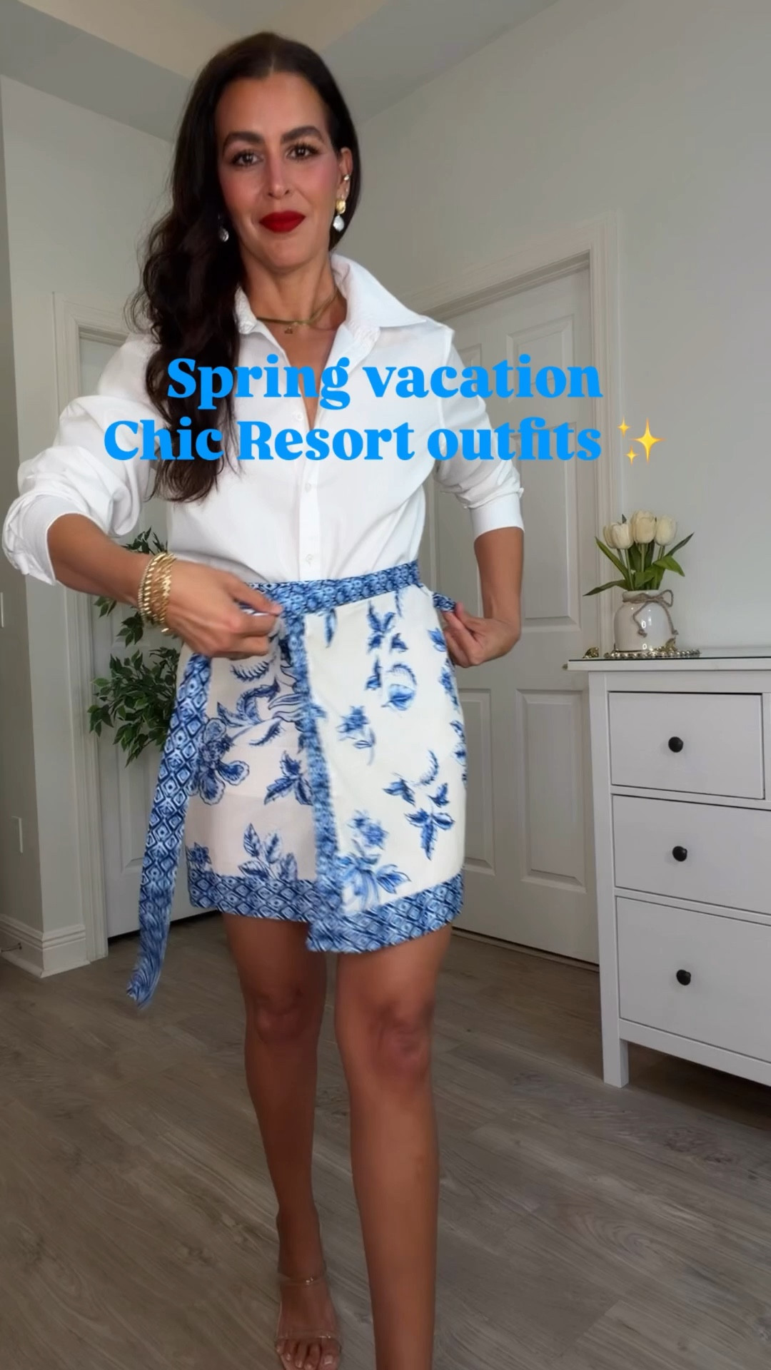 all sizing and details ⬇️In order of appearance:
Lipstick is The MVP 
Outfit 1: 
Button down in size L.
Skirt in size small. shoe tts. wearing a nude bra underneath length below. ￼
Outfit 2: 
Size s in swimsuit. Linen pants in m , linen shirt L, for a relaxed look.
All dresses and sets in Size S. 
Tts.
I’m 5’7” 130 pounds size S

#LTKSeasonal #LTKOver40 #LTKSpringSale