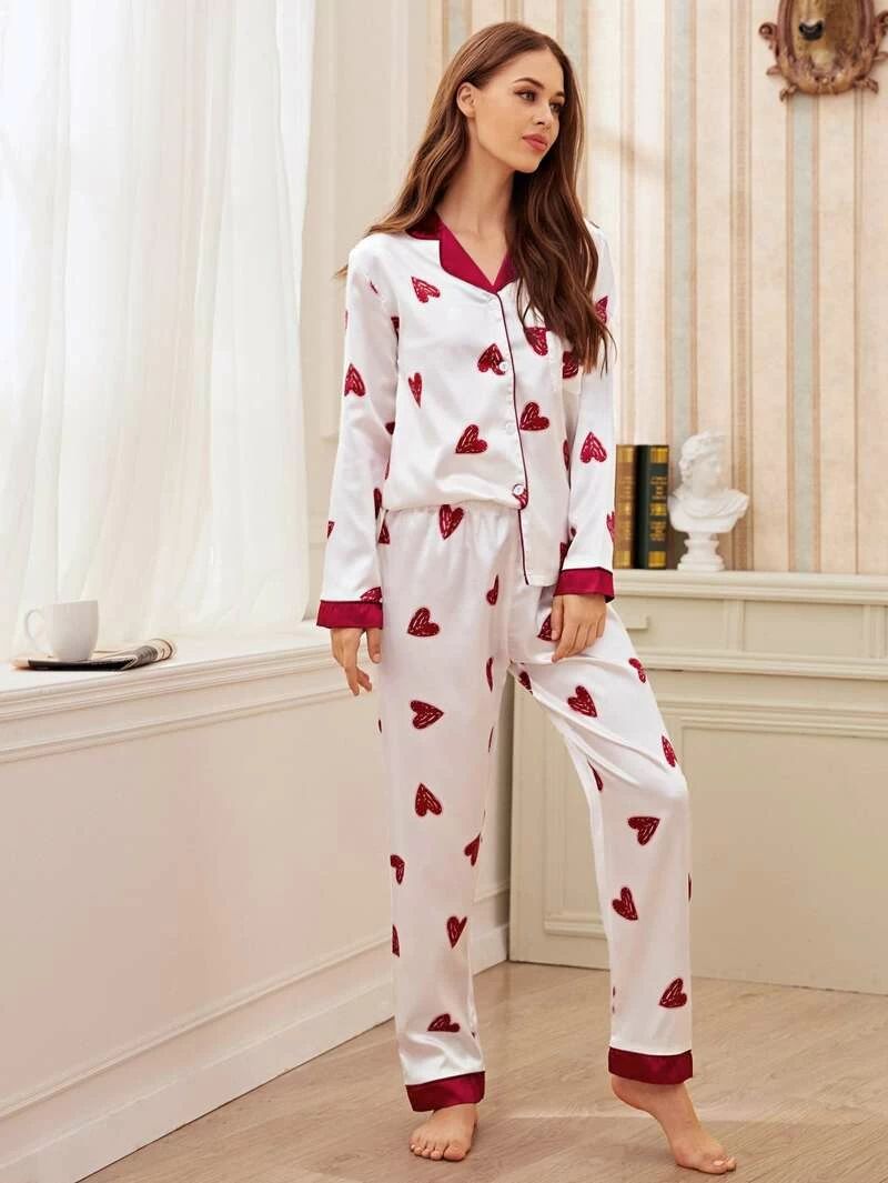 Heart Print Satin Pajama Set | ROMWE