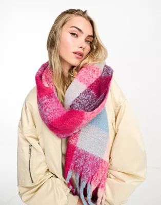 Daisy Street check blanket scarf in pink and blue check | ASOS (Global)