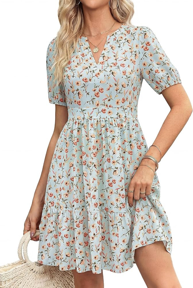 PRETTYGARDEN Womens Summer Floral Boho Dresses 2026 Casual V Neck Puff Sleeve A Line Flowy Beach ... | Amazon (US)