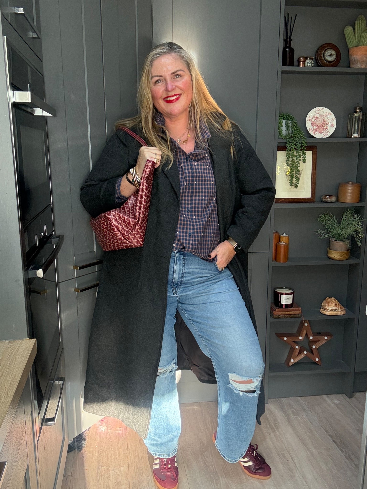 Navy coat, check shirt, ripped jeans, burgundy trainers, burgundy tote bag 

#LTKplussize #LTKcurves #LTKjeans
