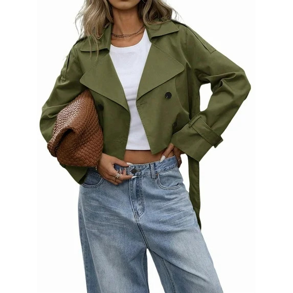 Womens Cropped Trench Coat Lapel Double Breasted Short Jacket Outwear Army Green M | Walmart (US)