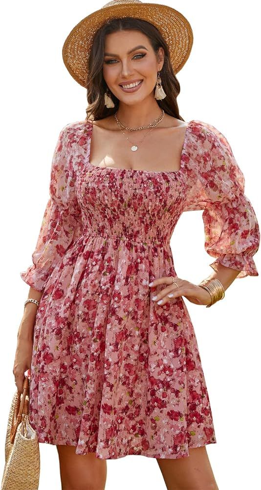 Womens Boho Floral Print Square Neck Short Dress Puff Sleeve Elastic Waist Aline Casual Mini Dres... | Amazon (US)
