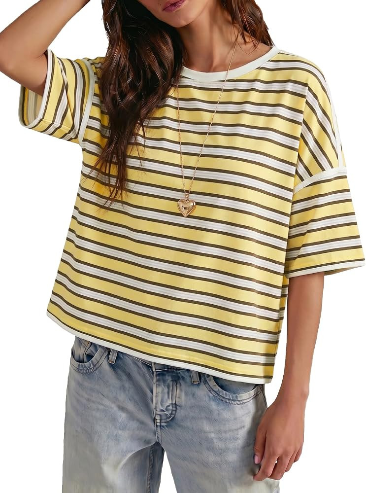 Tankaneo Womens Oversized Striped T-Shirts Summer Casual Color Block Short Sleeve Tops Drop Shoul... | Amazon (US)