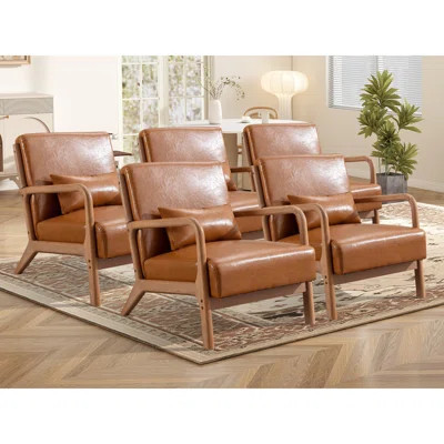 Lyon 25.78" Wide Mid Century Faux Leather Accent Chair with an Extra Pillow(Set of 5) | Wayfair North America