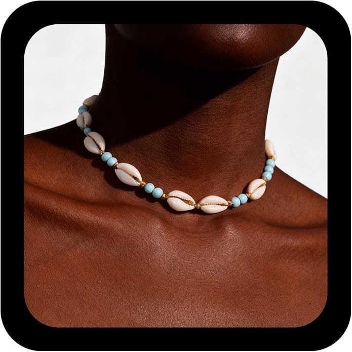 Andelaisi Boho Shell Choker Necklace Vintage Blue Turquoise Scallop Necklace Blue Rice Bead Neckl... | Amazon (US)