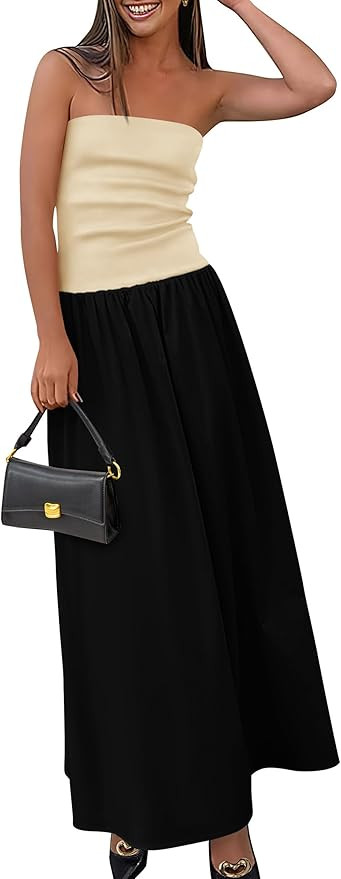 PRETTYGARDEN Women's 2025 Spring Strapless Maxi Dresses Patchwork Long Flowy Pockets Elegant Goin... | Amazon (US)