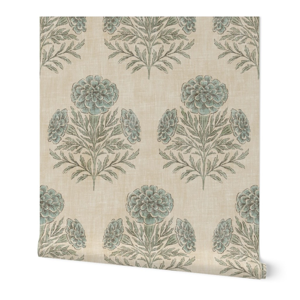 Wallpaper in Marigold - extra large - dusty blue and sage green | Spoonflower