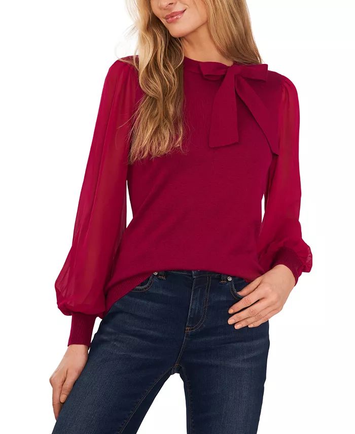 CeCe Women's Bow Neck Mixed-Media Long Sleeve Sweater - Macy's | Macys (US)
