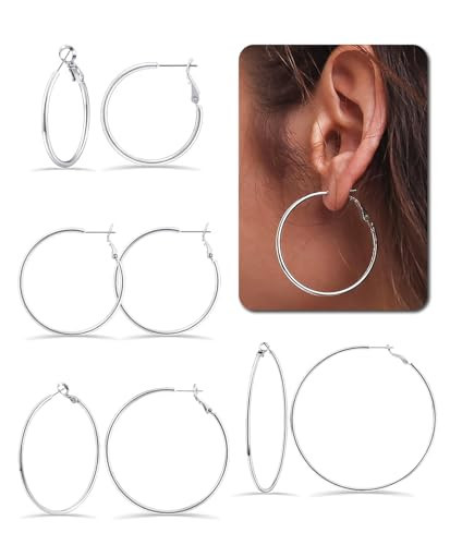 Silver Hoop Earrings 4 Pairs 30mm/40mm/50mm/60mm Silver Hoop Earrings For Women Hypoallergenic Use 316L Surgical Steel Large Hoop Earrings For Women | Amazon (US)