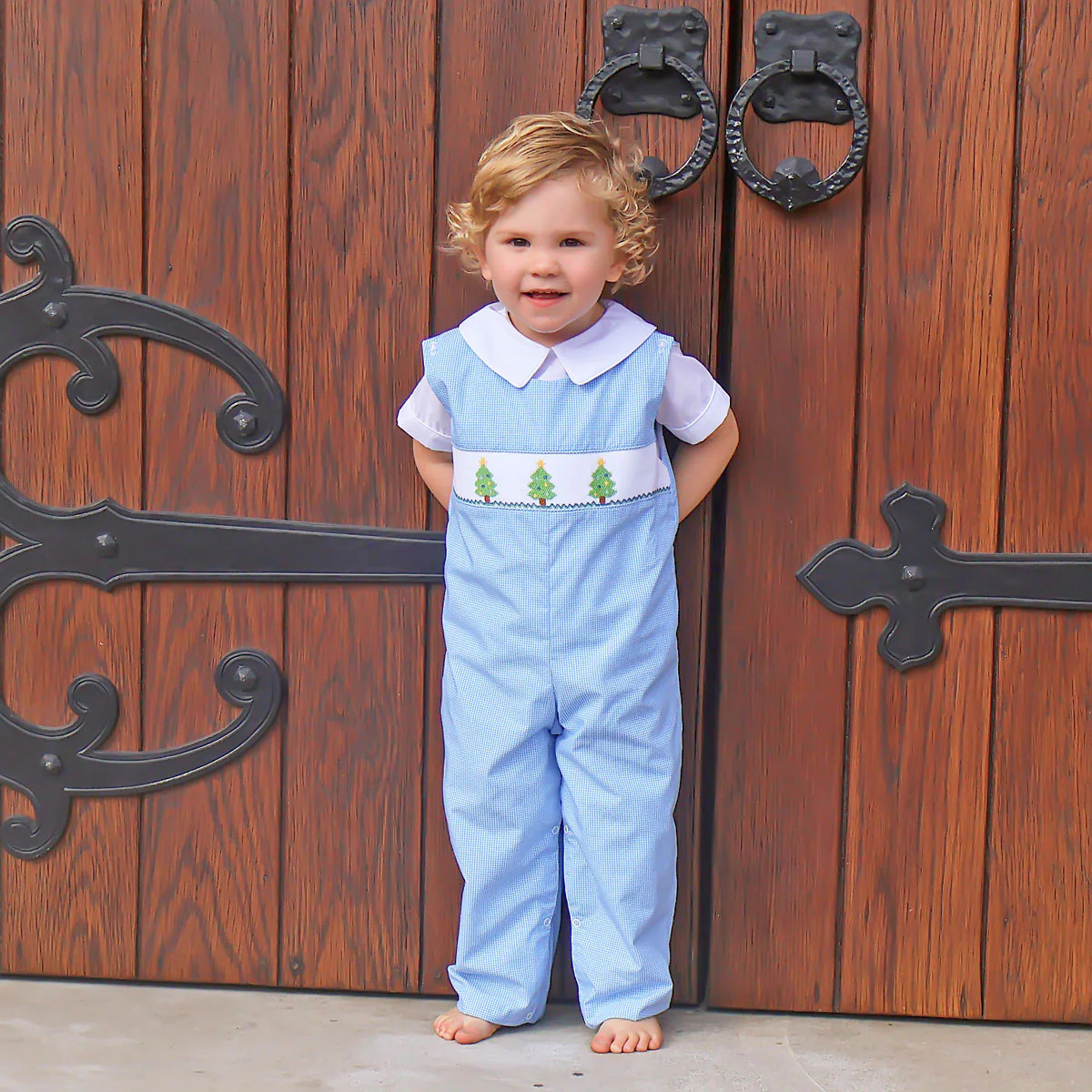 Christmas Tree Smocked Blue Gingham Longall | Classic Whimsy