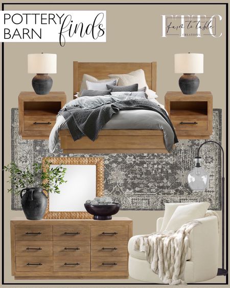 Pottery Barn Finds. Follow @farmtotablecreations on Instagram for more inspiration.

Oakleigh Bed. Oakleigh 2-Drawer Nightstand. Oakleigh 9-Drawer Dresser. Mallorca Handwoven Seagrass 40" Square Wall Mirror. Pick-Stitch Handcrafted Cotton Linen Quilt & Shams. Reeva Handwoven Rug. Faris Ceramic Table Lamp. Orion Handcrafted Terracotta Bowls. Joshua Handcrafted Ceramics Collection. Faux Green Bay Leaf Branch. Balboa Upholstered Swivel Armchair. Faux Fur Ruched Throw. Flynn Recycled Glass Floor Lamp. Bedroom Finds. Cozy Bedroom. Bedroom Decor. 

#LTKsalealert #LTKfindsunder50 #LTKhome