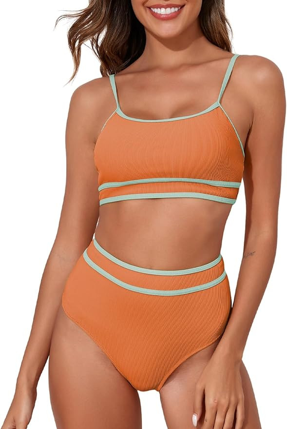 Herseas Women's Ribbed Bikini Sets Color Block Swimsuit High Waisted Bathing Suit | Amazon (US)