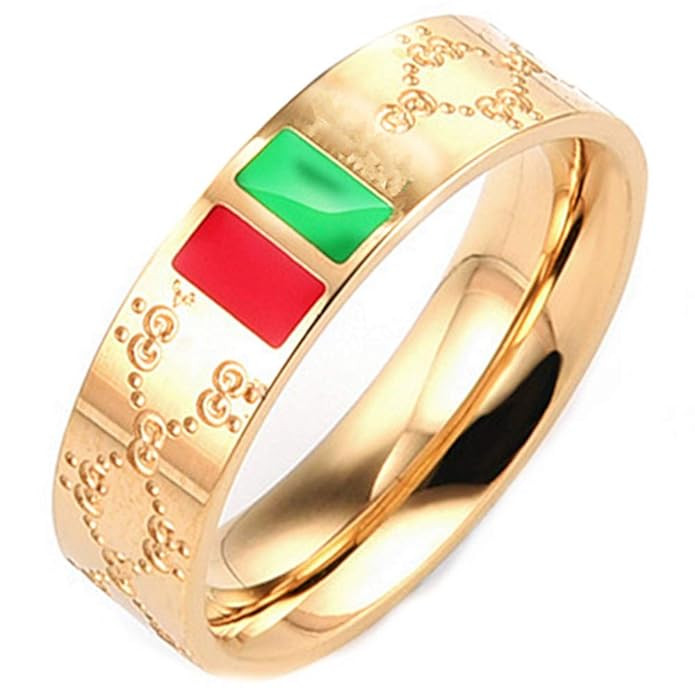 Fly.Dream Fashion Luxury Shine Celebrity Ring Classic Red and Green Bar Titanium Steel Ring (Gold... | Amazon (US)