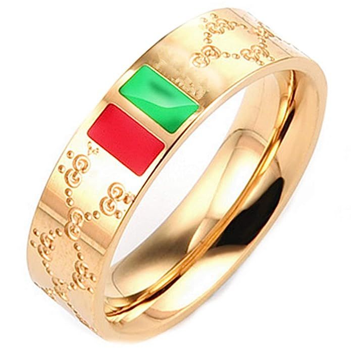 Fly.Dream Fashion Luxury Shine Celebrity Ring Classic Red and Green Bar Titanium Steel Ring (Gold... | Amazon (US)