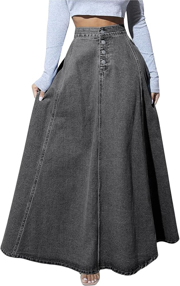 ebossy Women's Retro High Waisted Button Fly Flared Long Jean Skirts Pleated Flowy Swing A-line D... | Amazon (US)