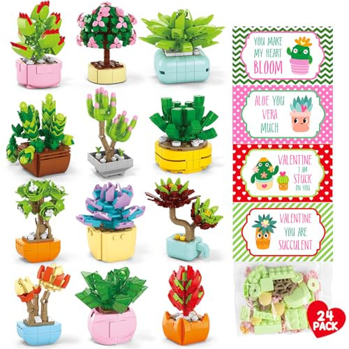 24PCS Flowers Succulents Building Blocks Valentines Day Cards for Kids School Party Favors Classroom Prizes Bulk Artificial Botanical Toy Valentines Exchange Gifts Goodie Bags Stuffers for Girl Boy 6+ | Amazon (US)