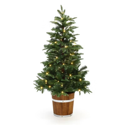 LuxenHome 4Ft Pre-Lit Green Artificial Christmas Tree with Round Wood Pot | Target