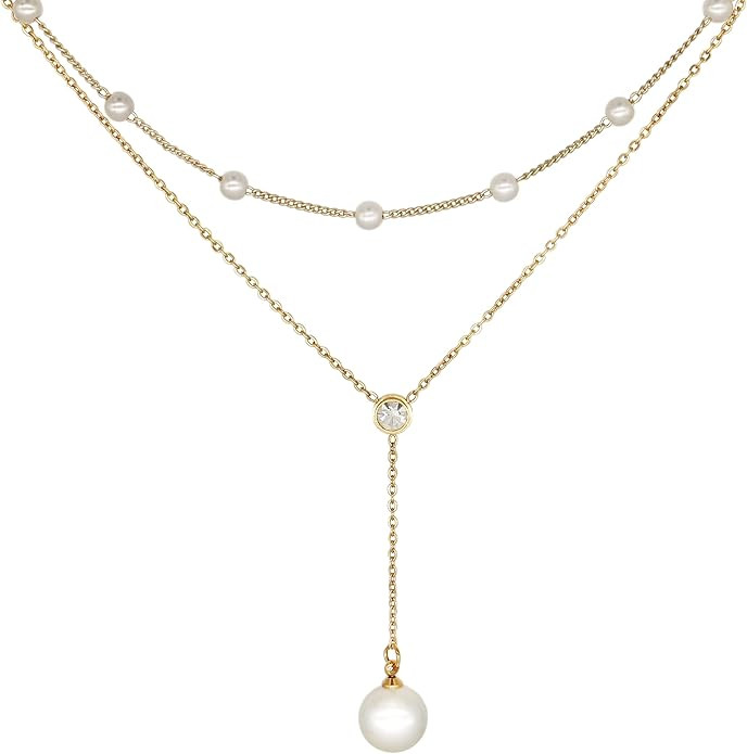 Jean Beau Gold Pearl Rhinestone Layered Necklaces for Women Dainty Long Drop Rhinestone Zirconia ... | Amazon (US)