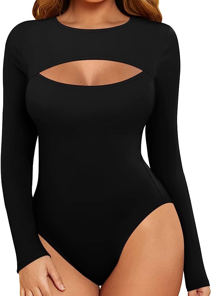 MANGOPOP Women's Cutout Front T Shirt Sleeveless Long Sleeve Short Sleeve Bodysuit Jumpsuits | Amazon (US)