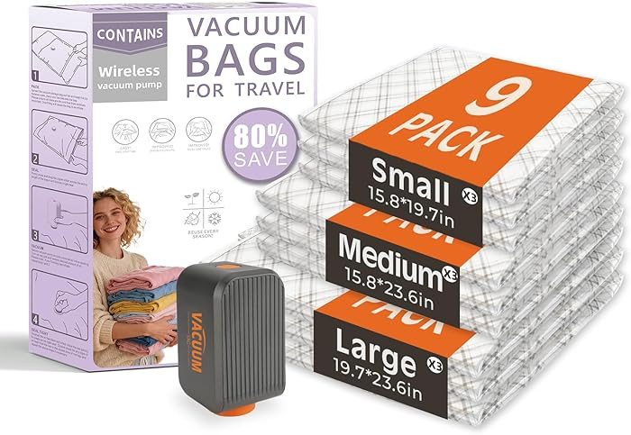 Travel Vacuum Bags with Wireless Pump,9 Pack Vacuum Storage Bags with Powerful 5000Pa Suction,vac... | Amazon (CA)