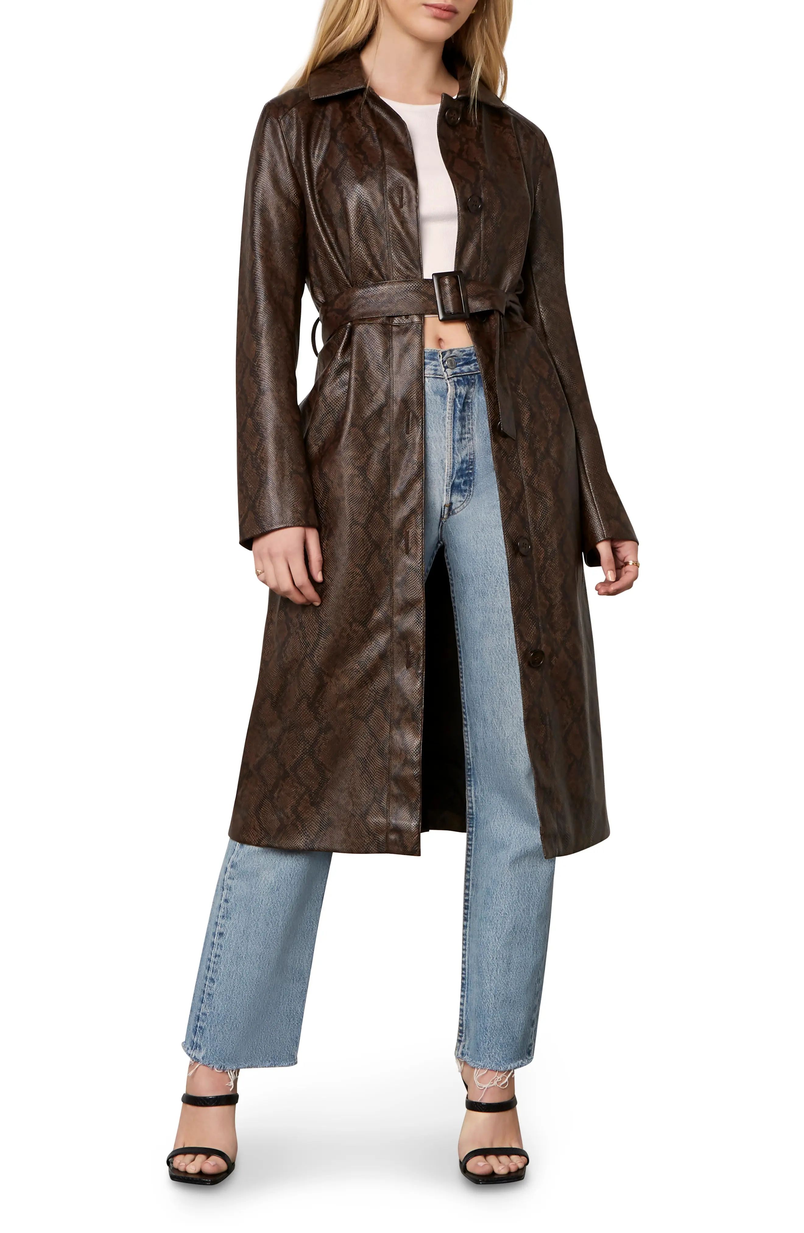 Women's Cupcakes And Cashmere Julian Snake Embossed Faux Leather Trench Coat, Size X-Small - Brown | Nordstrom