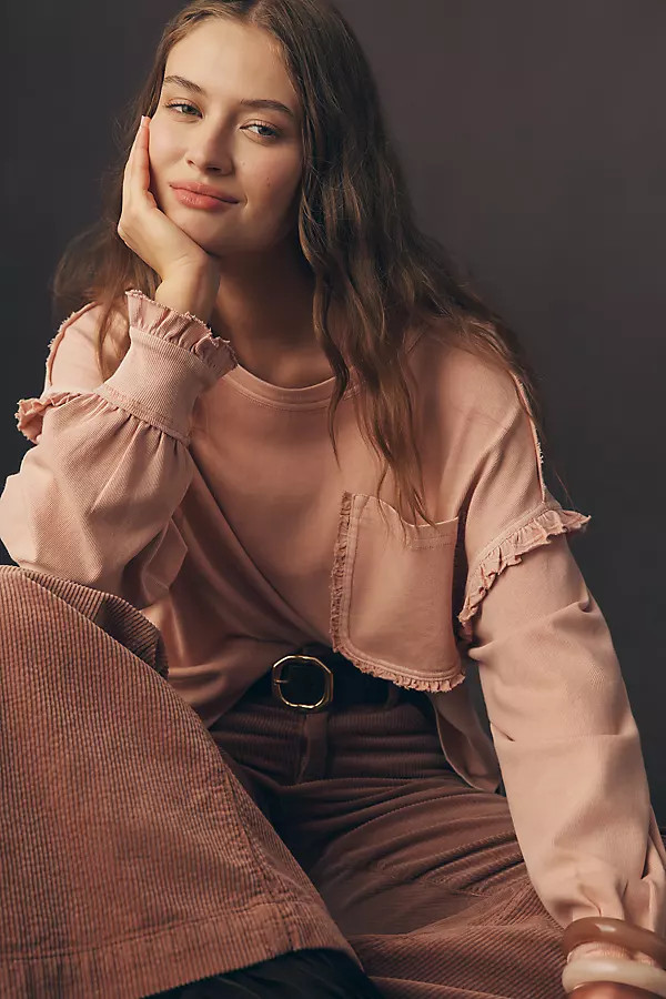 Pilcro Après Long-Sleeve Ruffled Cotton Tee | Anthropologie (US)