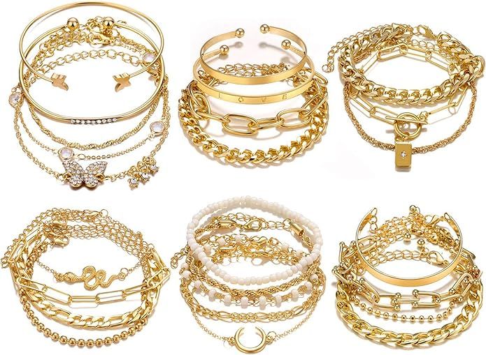 17IF 24-25 Pcs (6 Pack) 14K Gold Ankle Bracelets Set for Women Girls Boho Stackable Bangles Cuff ... | Amazon (US)