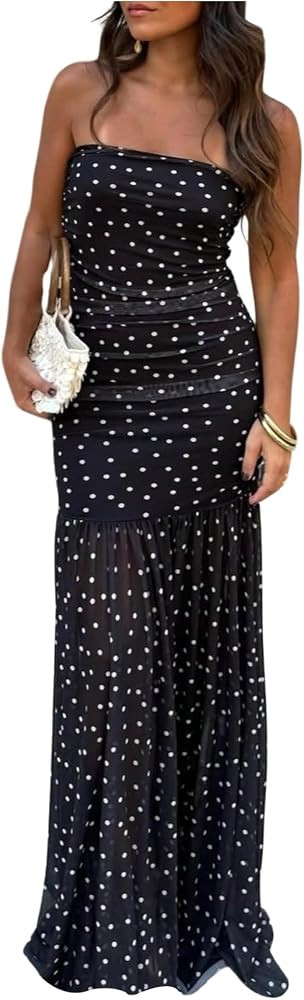 SHENHE Women's Polka Dots Strapless Maxi Dress Wedding Guest Tube Dress | Amazon (US)