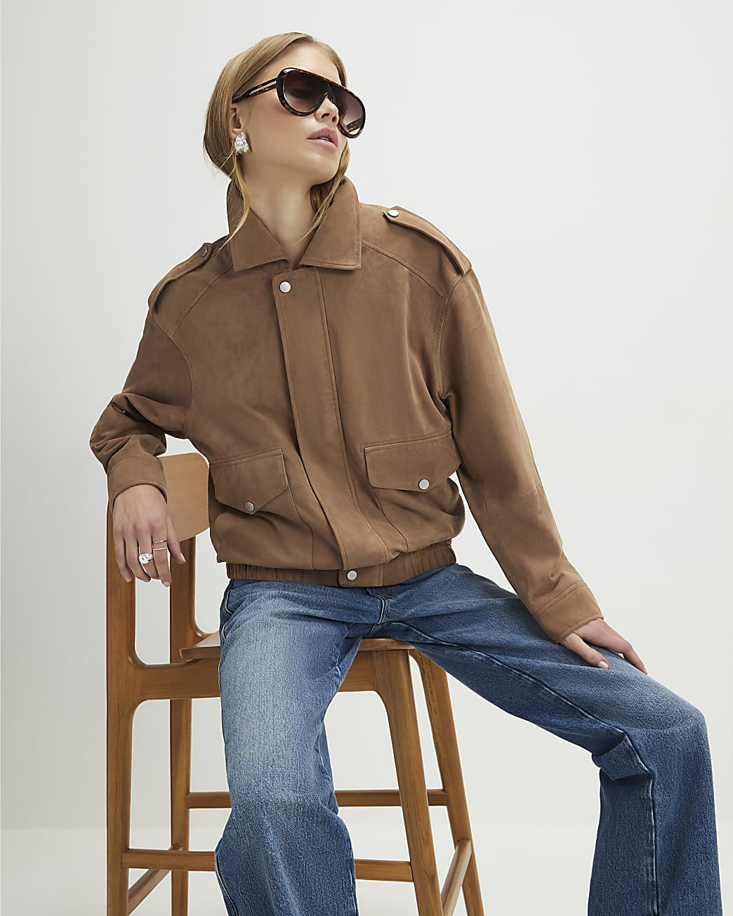 Beige Suede Oversized Bomber Jacket | River Island UK & IE