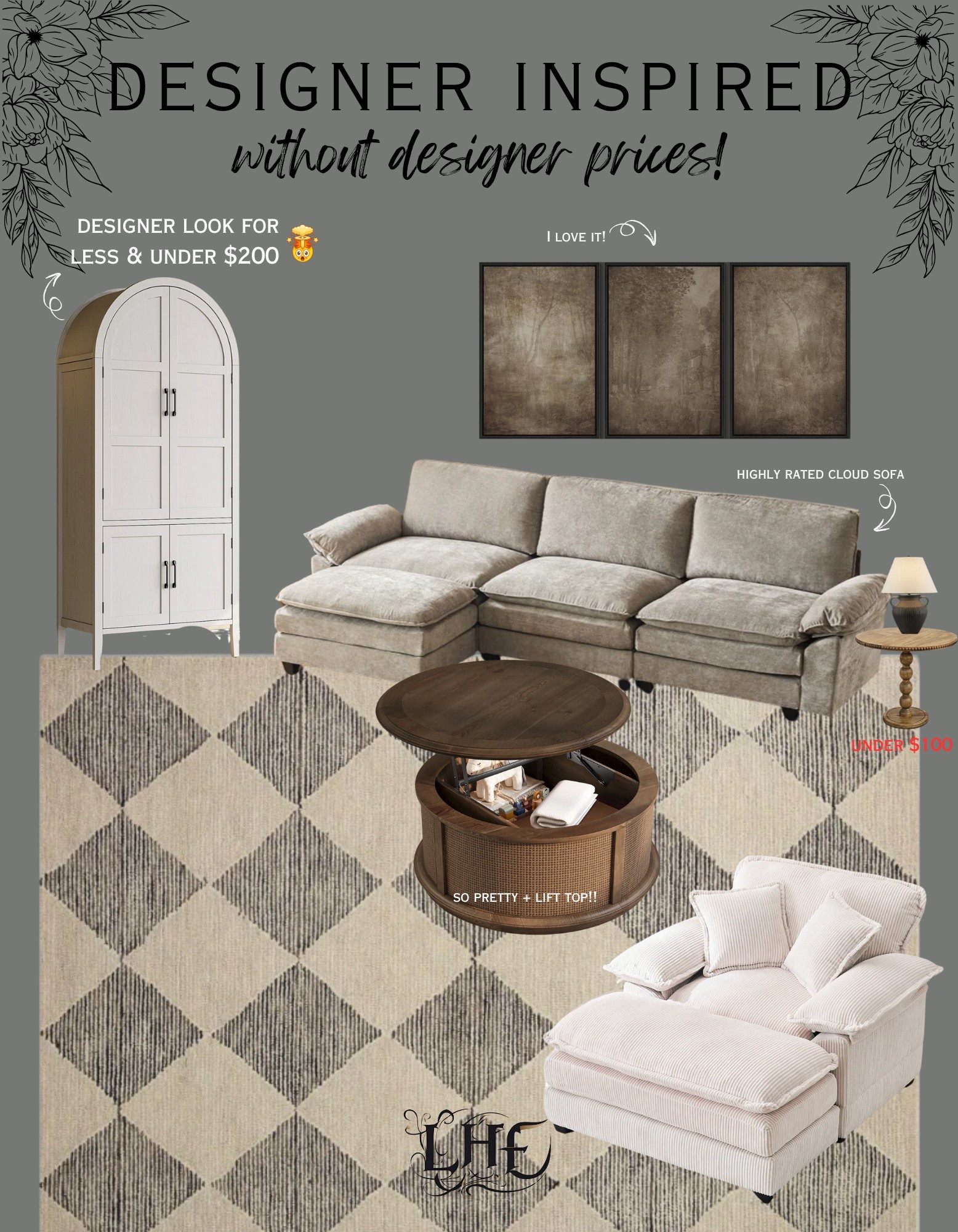 Living room designer inspired inspo without the designer prices. Shop by clicking the thumbnails below 👇 arched cabinet, cabinet, wall art, moody wall art, landscape wall art, living room rug, living room furniture, living room couch, living room rug neutral, living room inspo, living room chairs, living room rug, living room, living room mood board, moody living room, neutral living room, storage cabinet, designer finds on a dime, designer inspired, designer looks for less, couch, sofa, cloud sofa, cloud couch, side table, accent table 

#LTKHome #LTKSaleAlert #LTKStyleTip