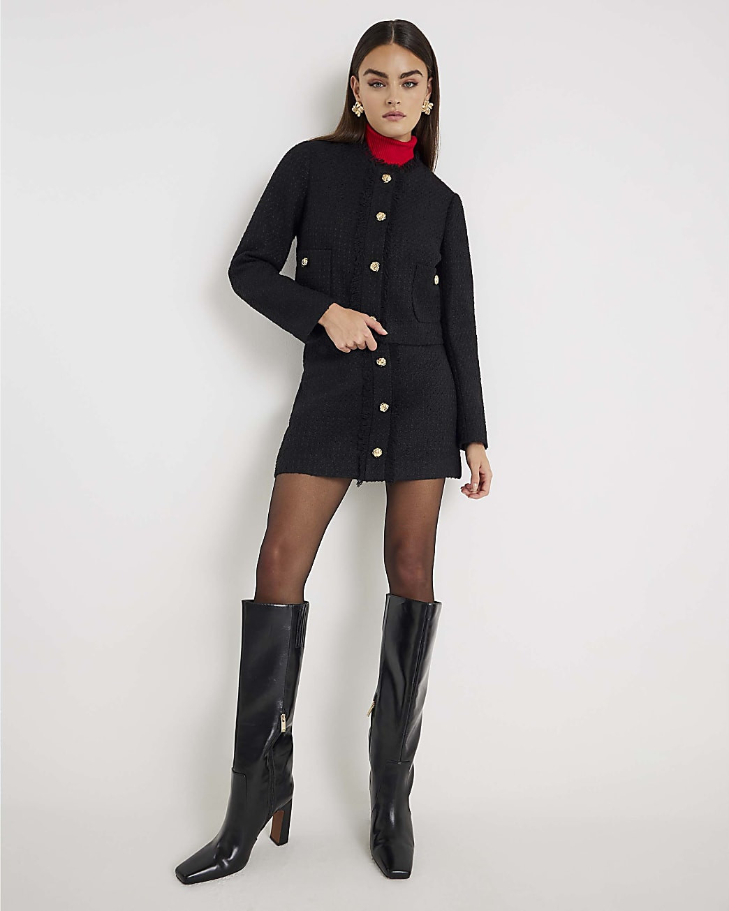 Black Boucle Button Up Jacket | River Island UK & IE