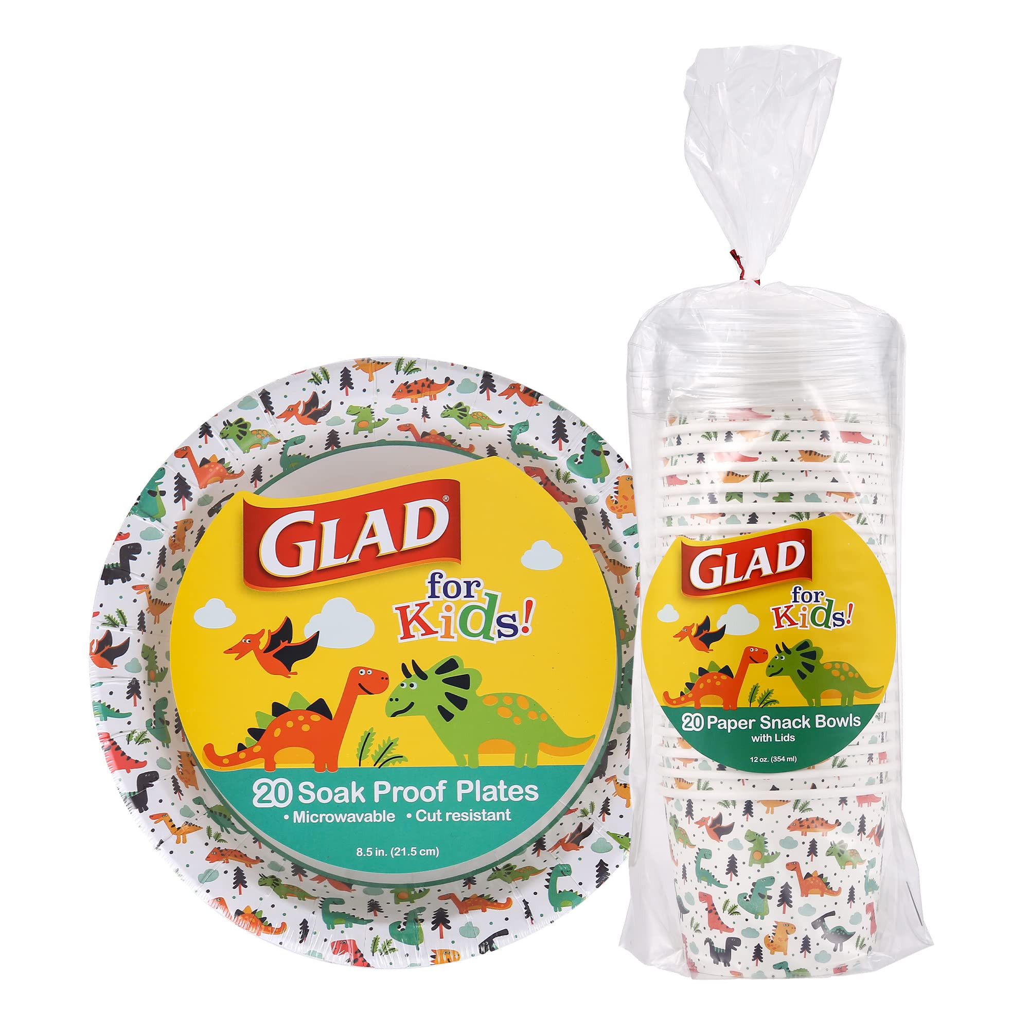 Glad for Kids Dinosaur 8.5 Inch Paper Plates and 12 Oz Paper Bowls Bundle | Includes 20 Paper Pla... | Amazon (US)