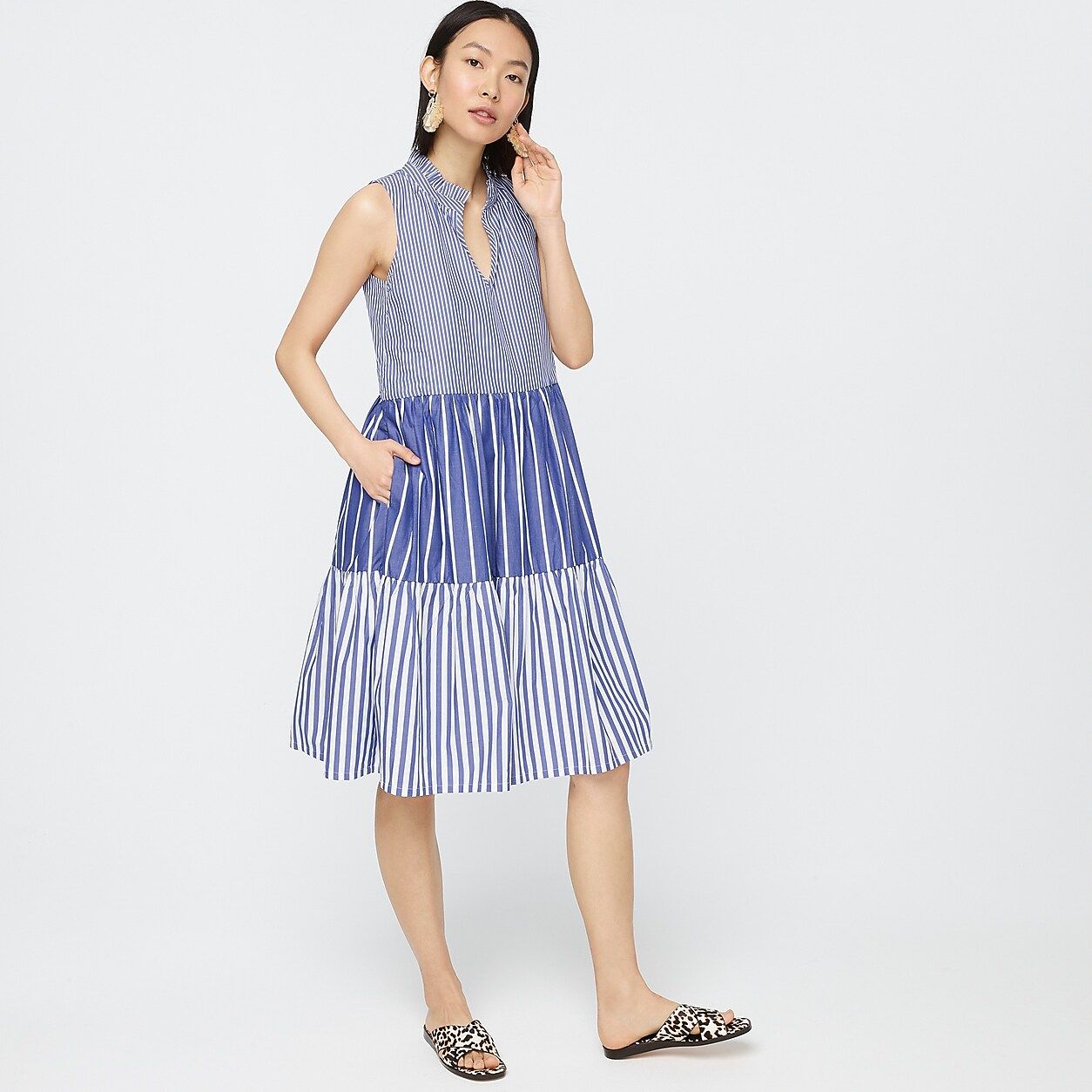 Sleeveless tiered popover dress in mixed stripe | J.Crew US